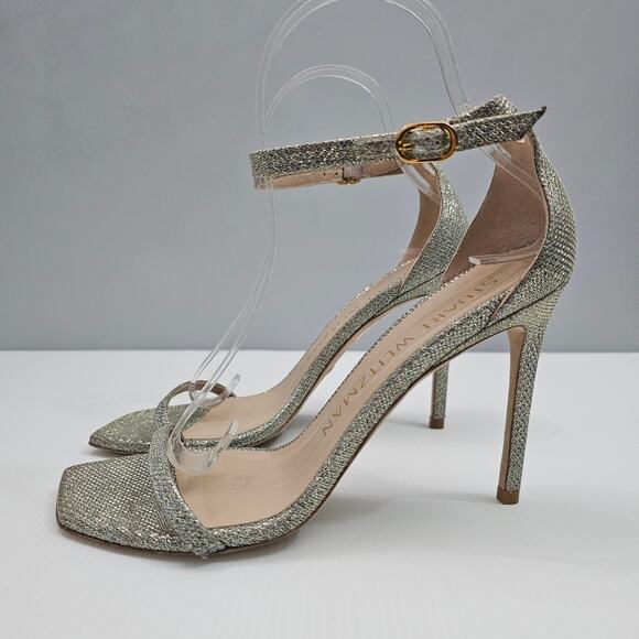 Stuart Weitzman Nudistcurve 100 Sandal Women 8 Platino Glitter Mesh Strappy Heel - Picture 1 of 15